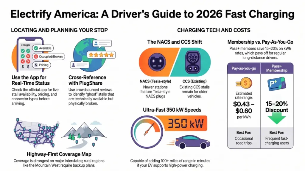 Driver using the Electrify America mobile app to locate nearby EV chargers.