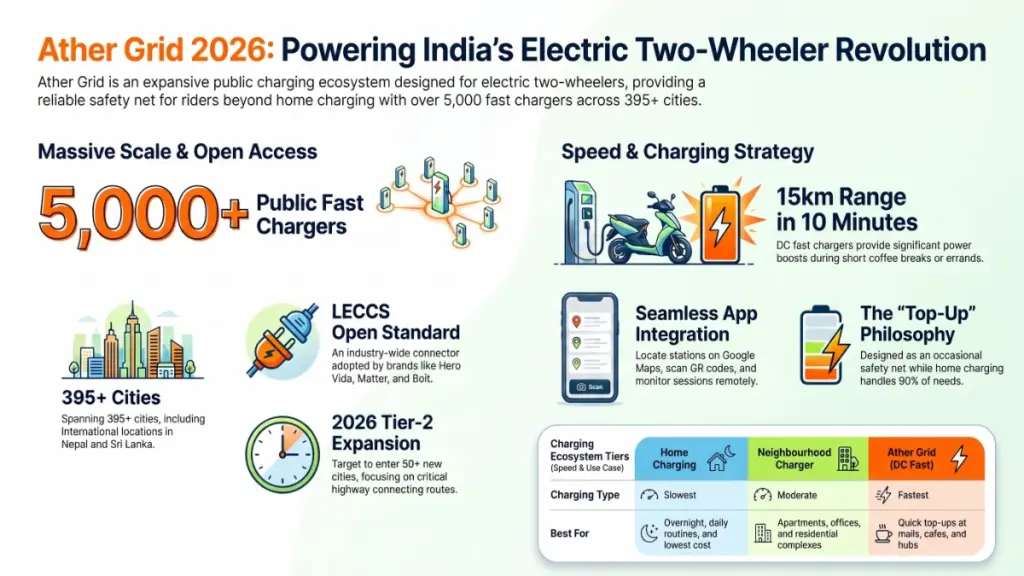 Rider using the Ather Grid app to locate nearby EV charging stations across India.