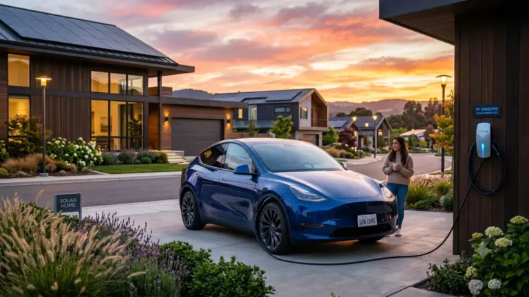Electric vehicle charging at home while displaying lower energy costs compared to gasoline vehicles in 2026.