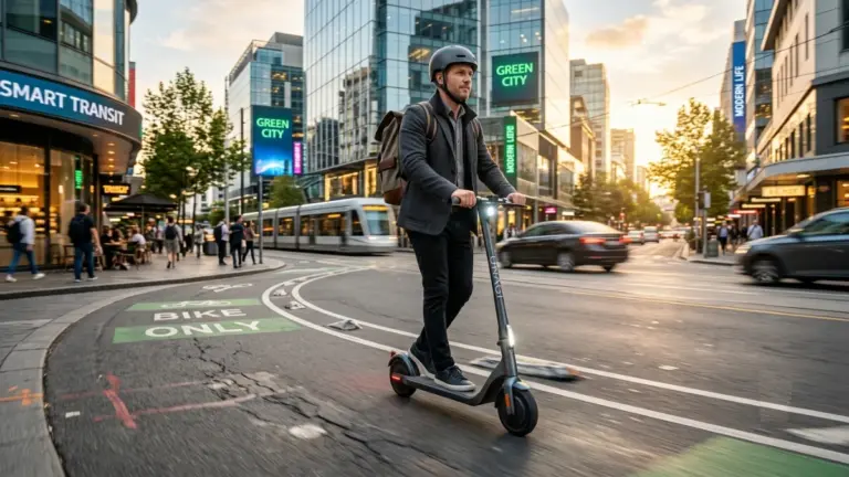 Adult commuter riding an electric scooter in a busy city street during morning rush hour.