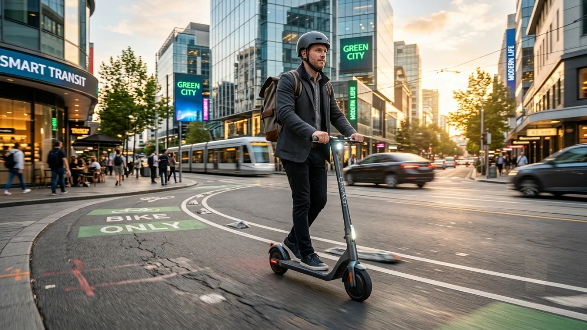 Adult commuter riding an electric scooter in a busy city street during morning rush hour.