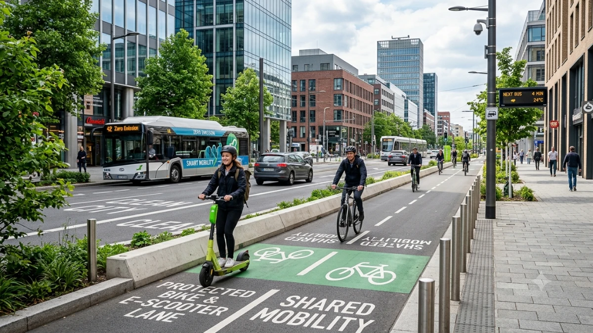 Electric scooter rider traveling in a protected bike lane in a modern city.