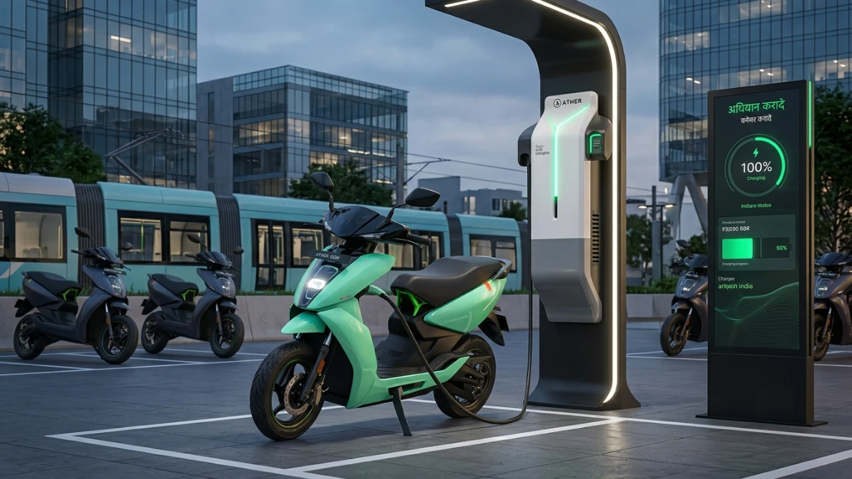 Ather 450X electric scooter connected to an Ather Grid fast charging station in a busy Indian city.