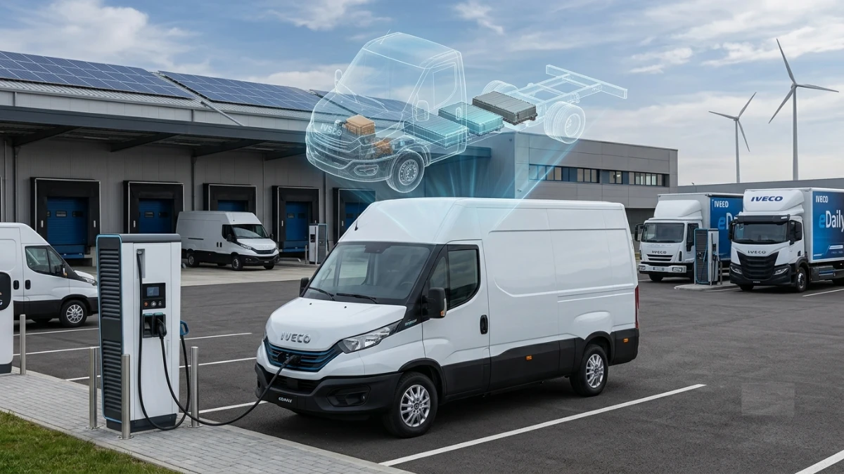 Iveco Daily Electric eDaily van charging at a commercial fleet depot