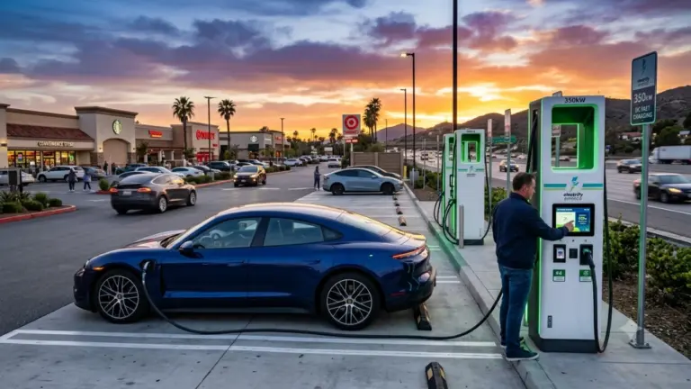 Electric vehicle charging at an Electrify America fast-charging station near a highway.