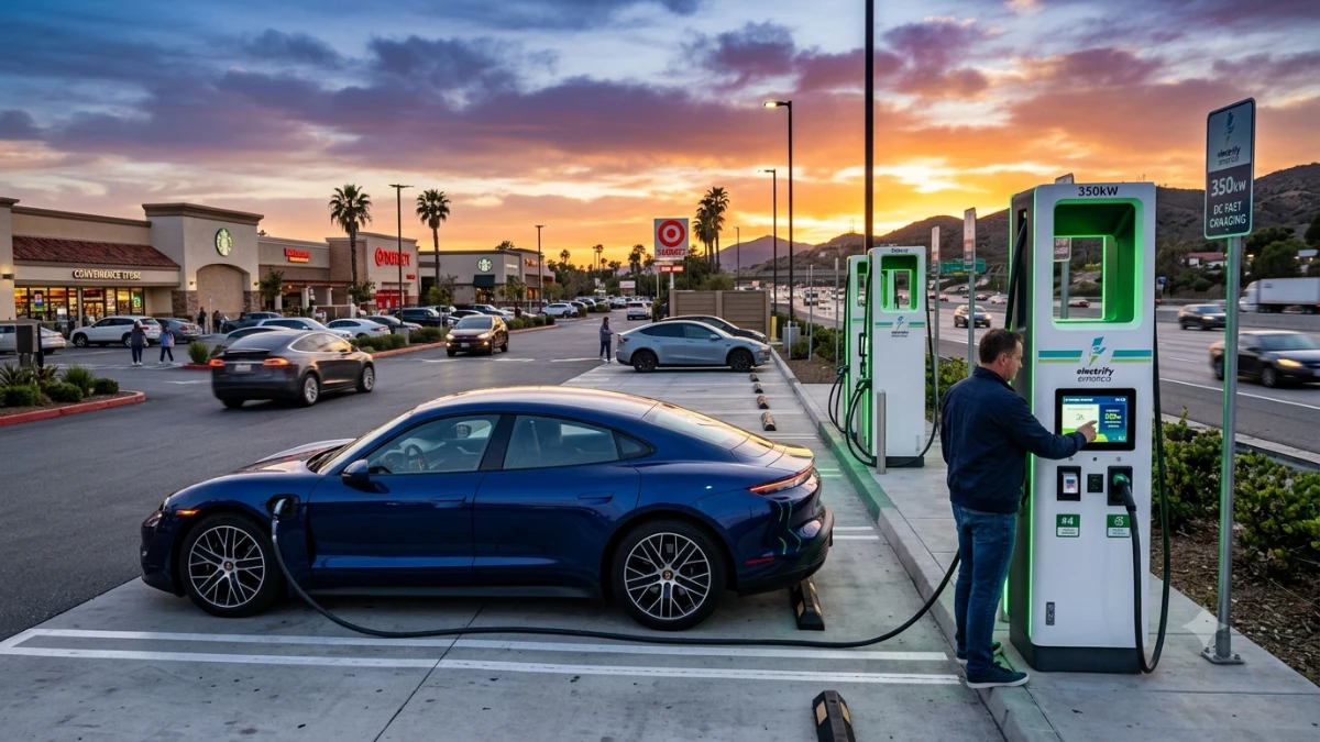 Electric vehicle charging at an Electrify America fast-charging station near a highway.