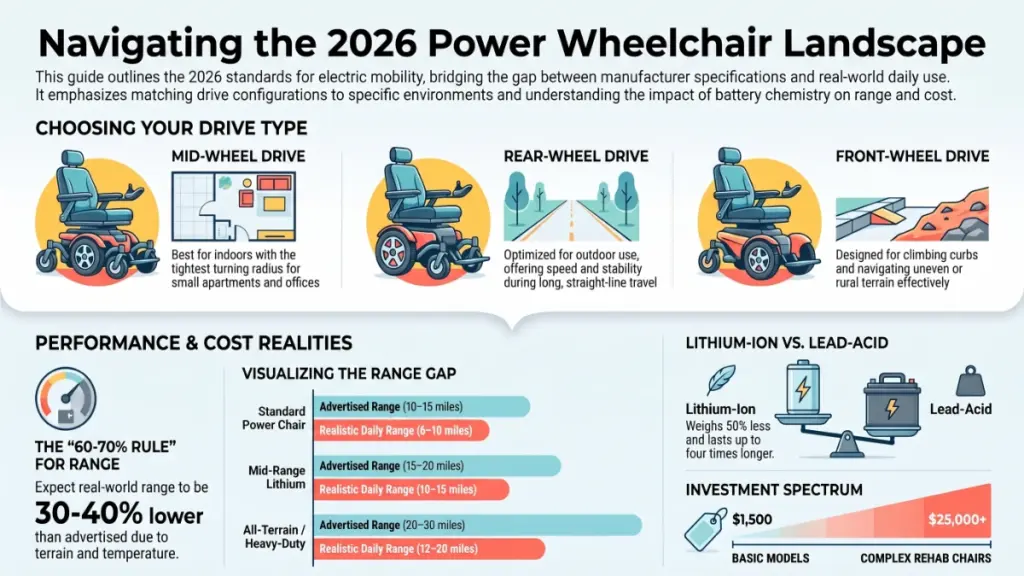 User operating a power wheelchair indoors while navigating a tight living space.