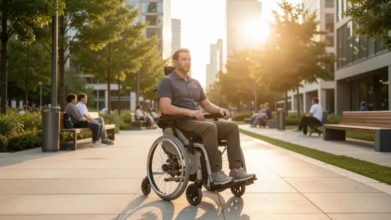 Modern motorized wheelchair with lithium battery technology traveling on a paved outdoor path.